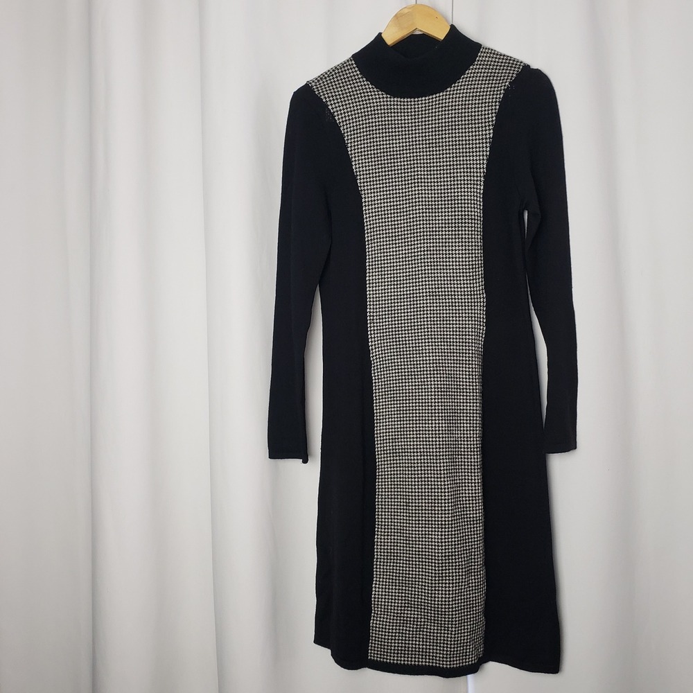 Lauren Ralph Lauren Merino Wool Houndstooth Mock Neck Sweater Dress Black Size L